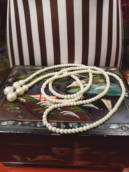 Vintage 1980s Faux Pearl Necklace Lariat 48" White Pearls