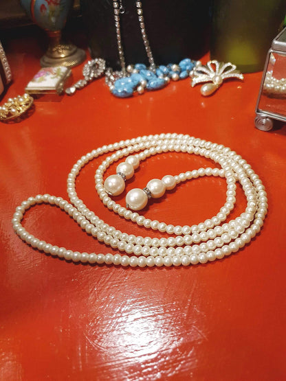 Vintage 1980s Faux Pearl Necklace Lariat 48" White Pearls