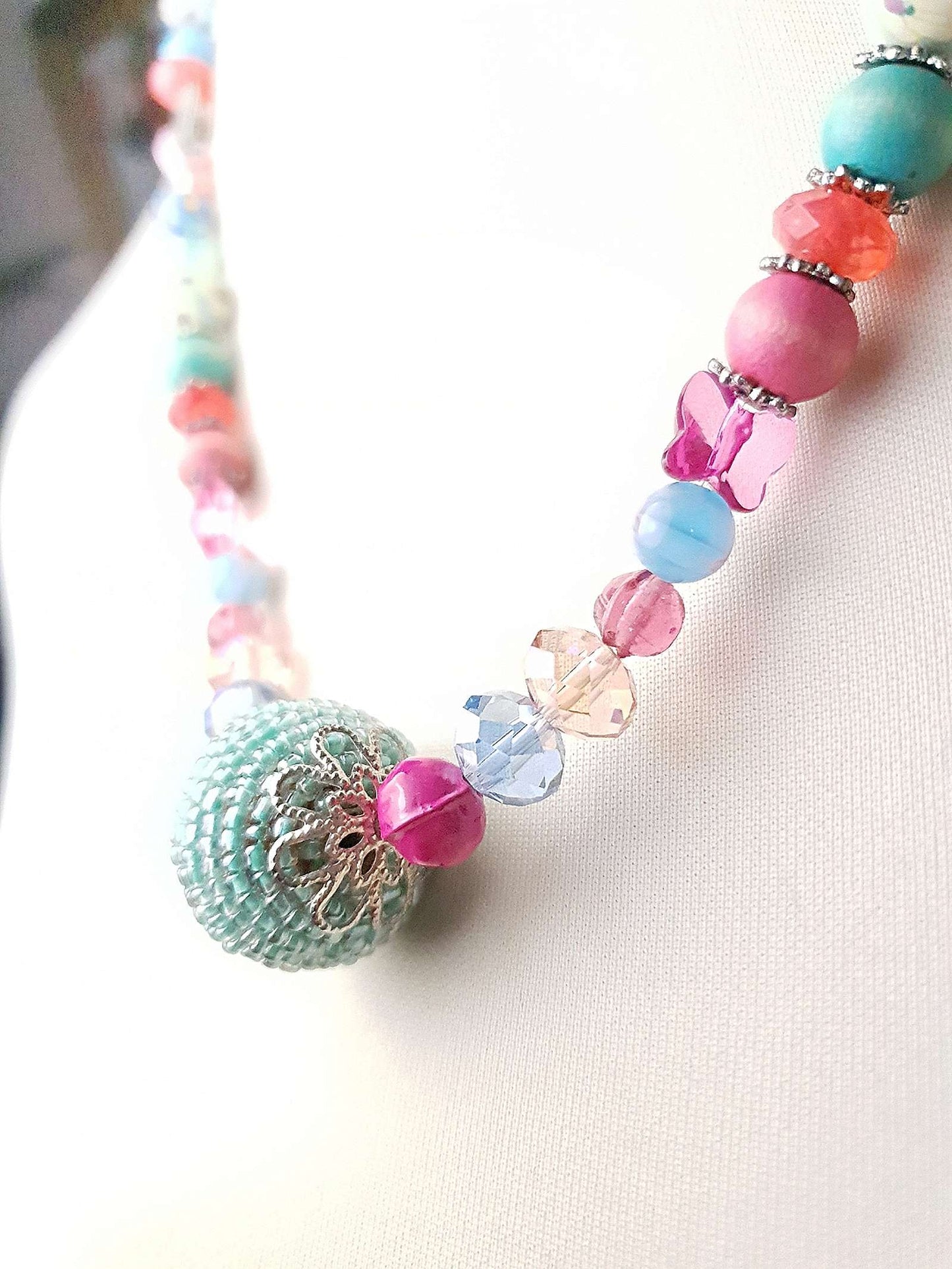Vintage 1980s Millefiori Butterfly Necklace Pastel Blue Pink