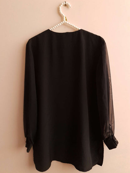 Vintage Black Beaded Boho Shirt 1980s - Blouse Size 16/18 Oversize