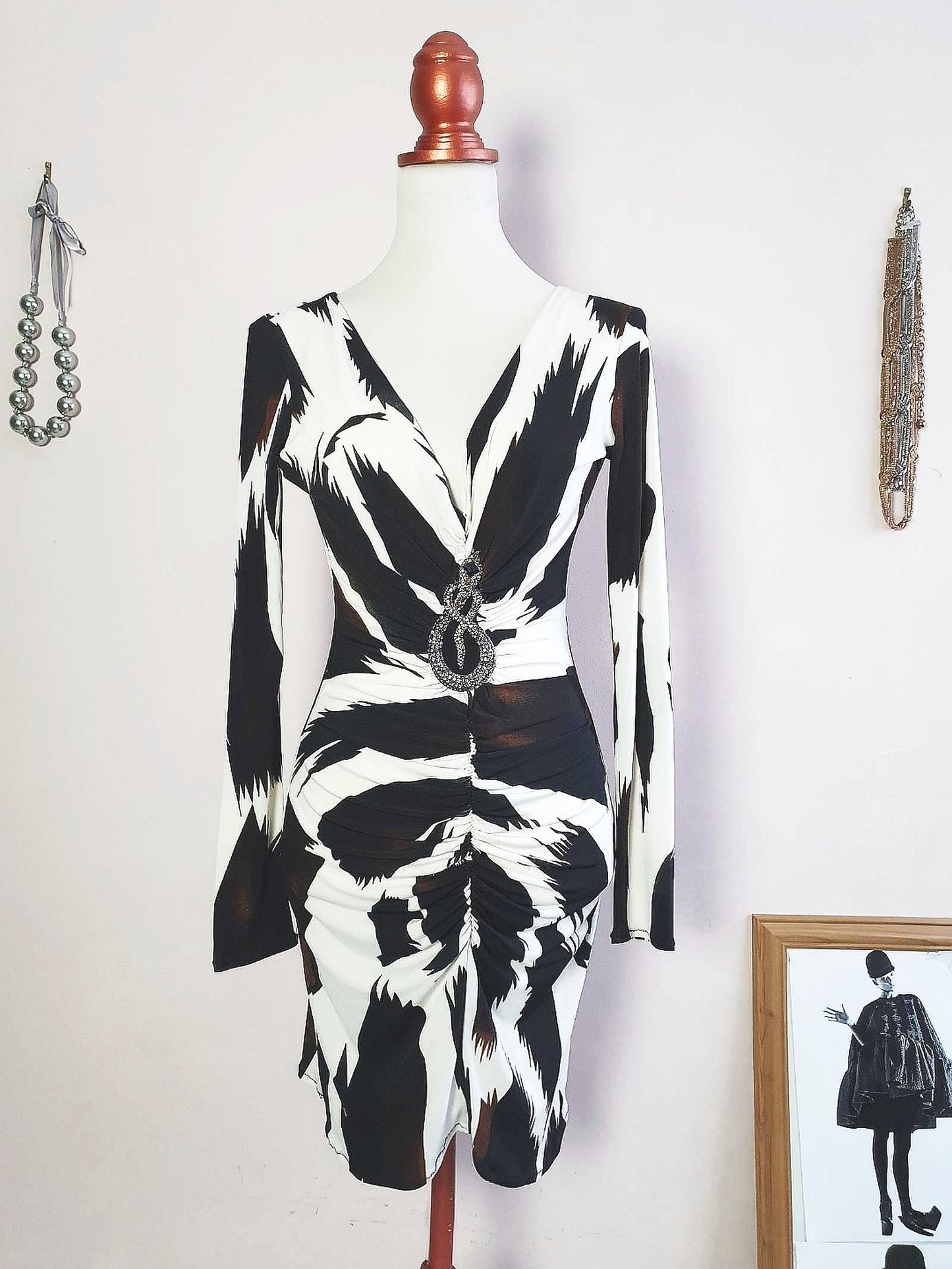 Vintage Black Cream Party Dress 1980s Bodycon Diamante Snake  - Size 10