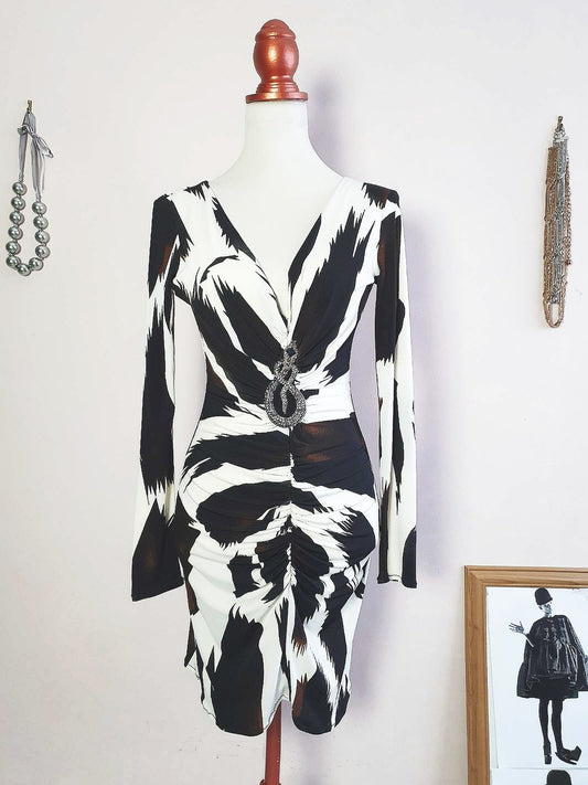 Vintage Black Cream Party Dress 1980s Bodycon Diamante Snake  - Size 10