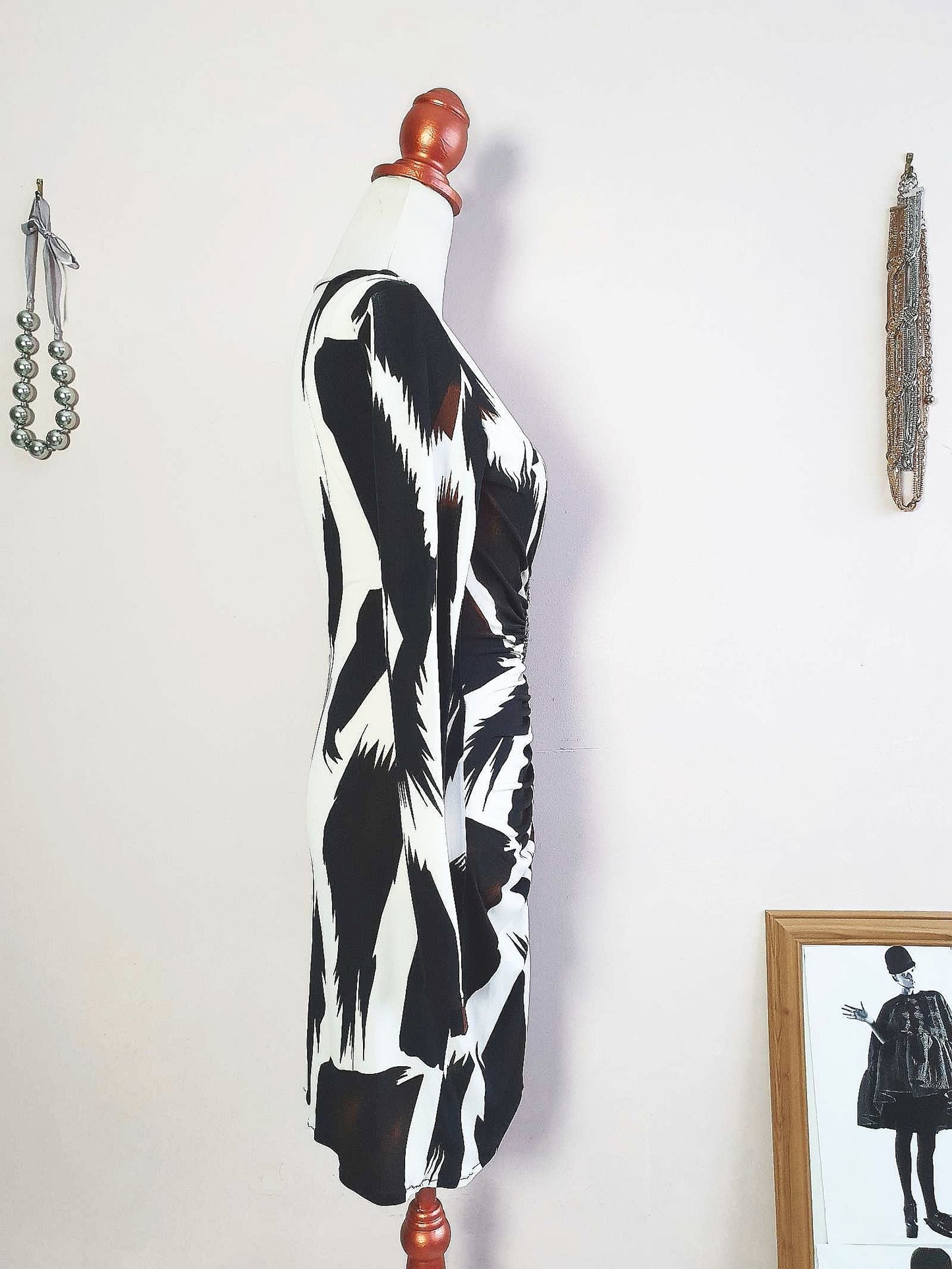 Vintage Black Cream Party Dress 1980s Bodycon Diamante Snake  - Size 10