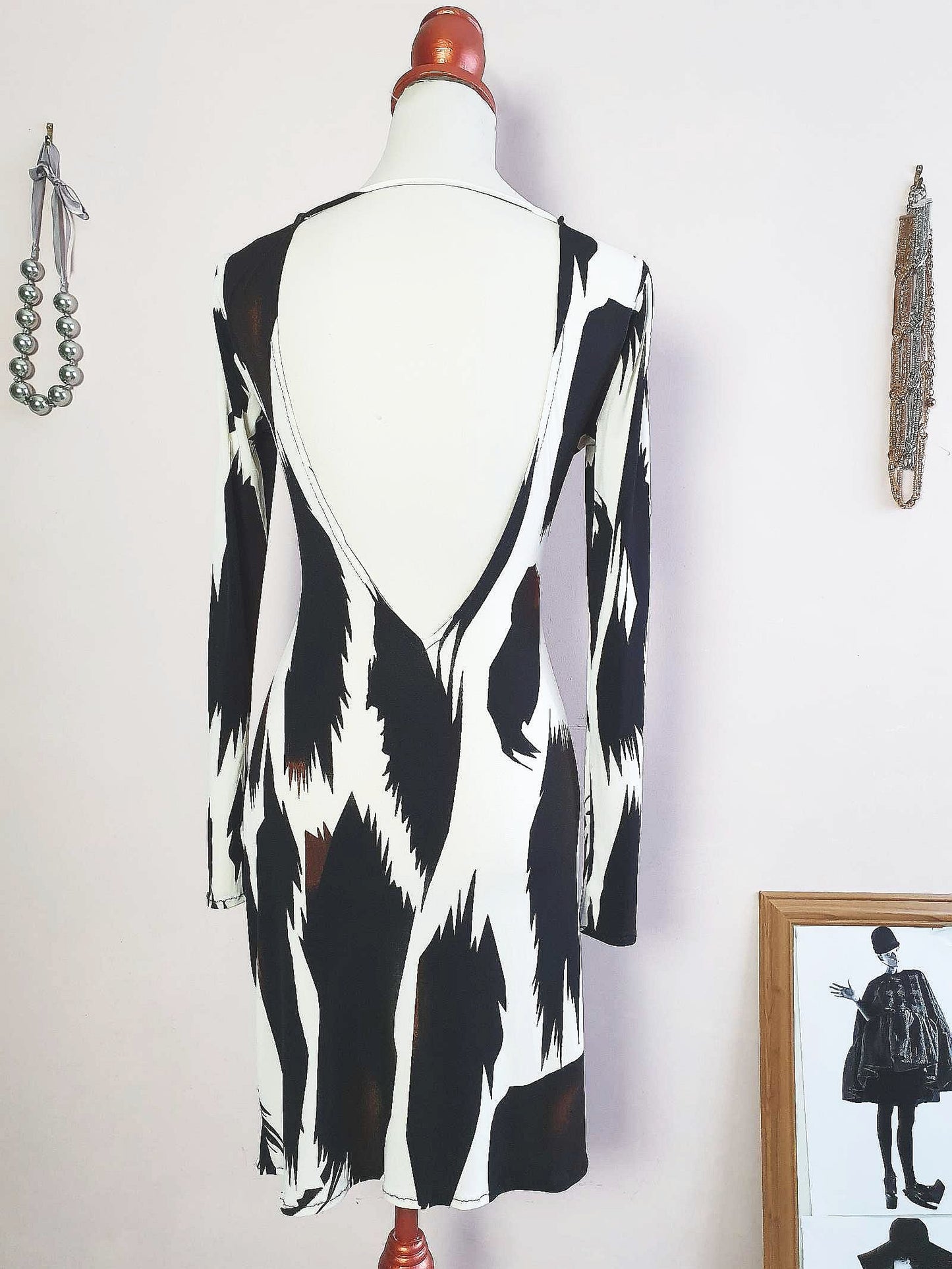 Vintage Black Cream Party Dress 1980s Bodycon Diamante Snake  - Size 10