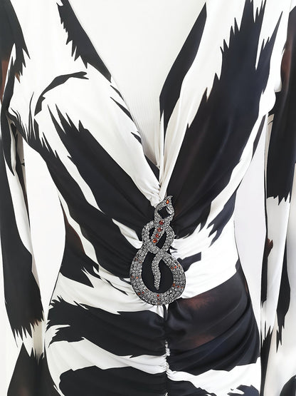 Vintage Black Cream Party Dress 1980s Bodycon Diamante Snake  - Size 10