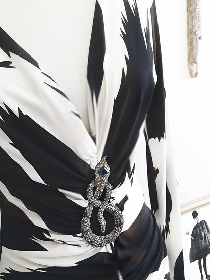 Vintage Black Cream Party Dress 1980s Bodycon Diamante Snake  - Size 10