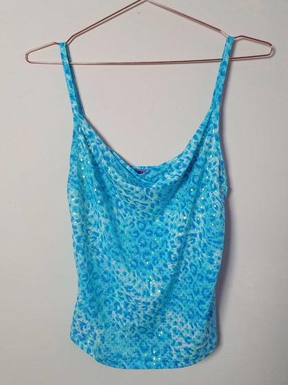 1980s Vintage Sparkly Blue Leopard Print Disco Top - Size 8