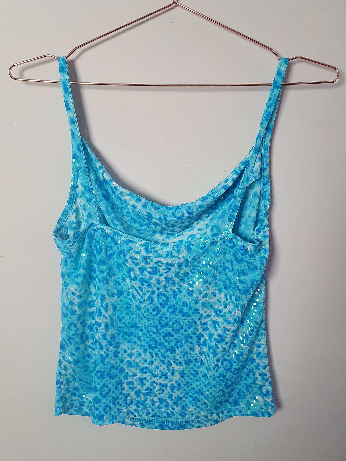 1980s Vintage Sparkly Blue Leopard Print Disco Top - Size 8