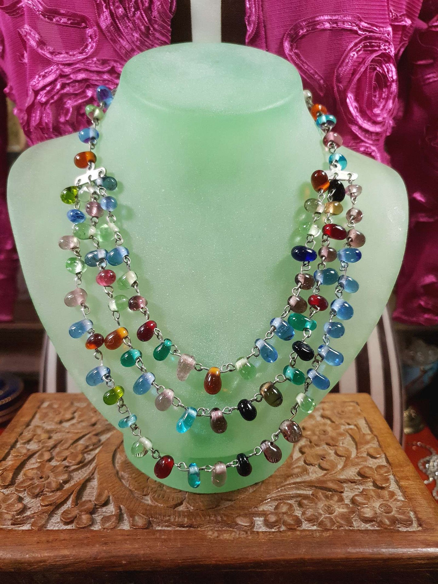 Vintage 90s Art Glass Necklace 15" - 17" Boho Multi-Coloured Three Tiers Artisan