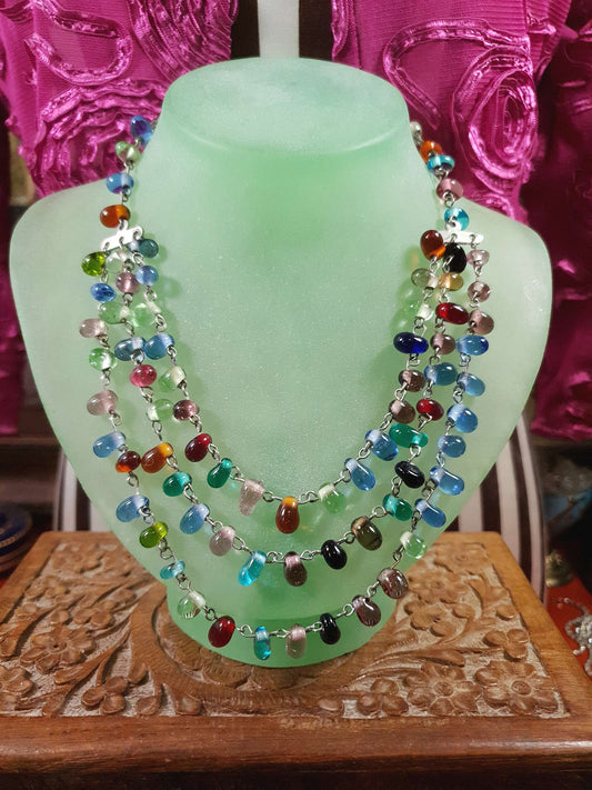 Vintage 90s Art Glass Necklace 15" - 17" Boho Multi-Coloured Three Tiers Artisan