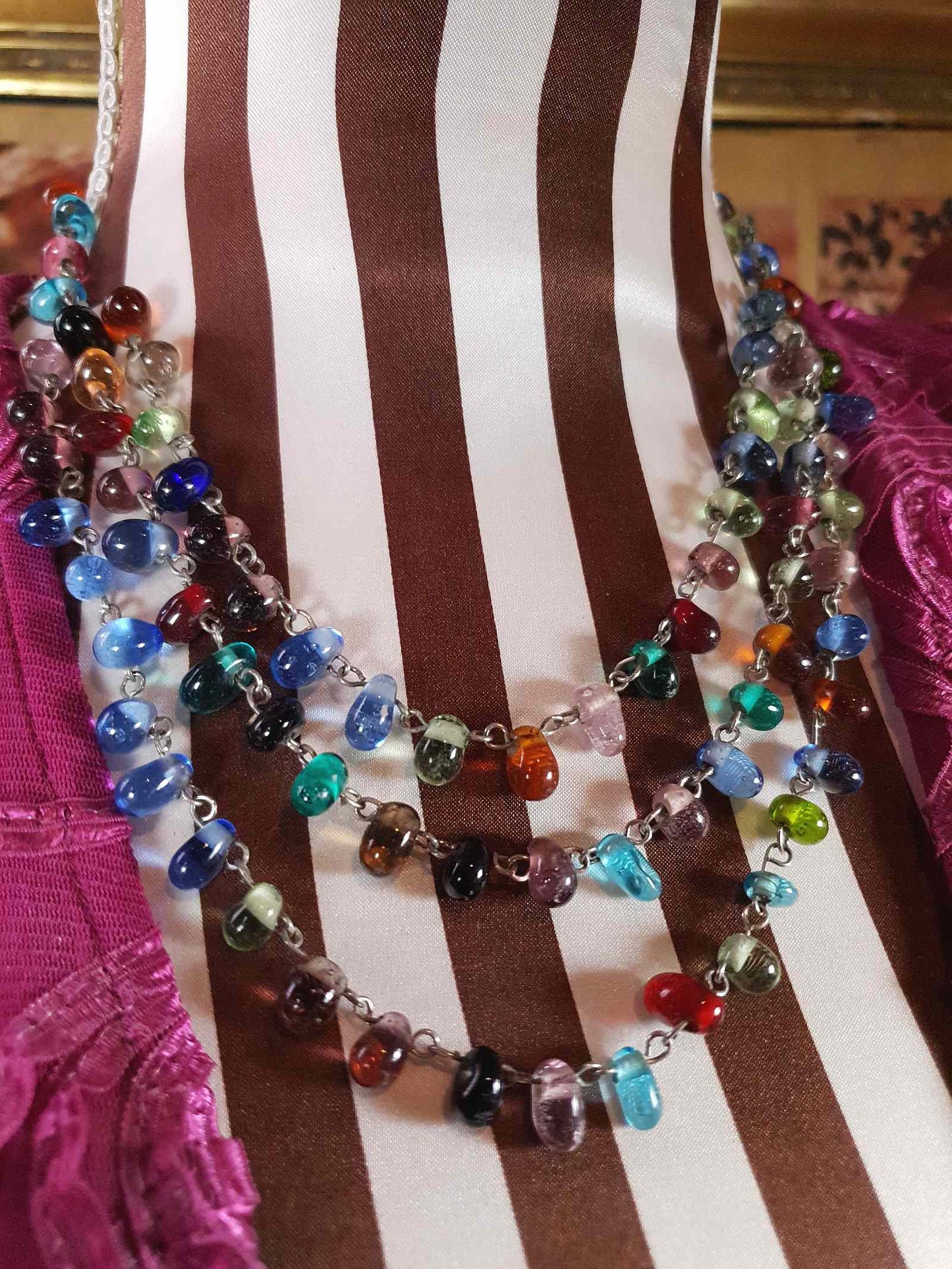 Vintage 90s Art Glass Necklace 15" - 17" Boho Multi-Coloured Three Tiers Artisan