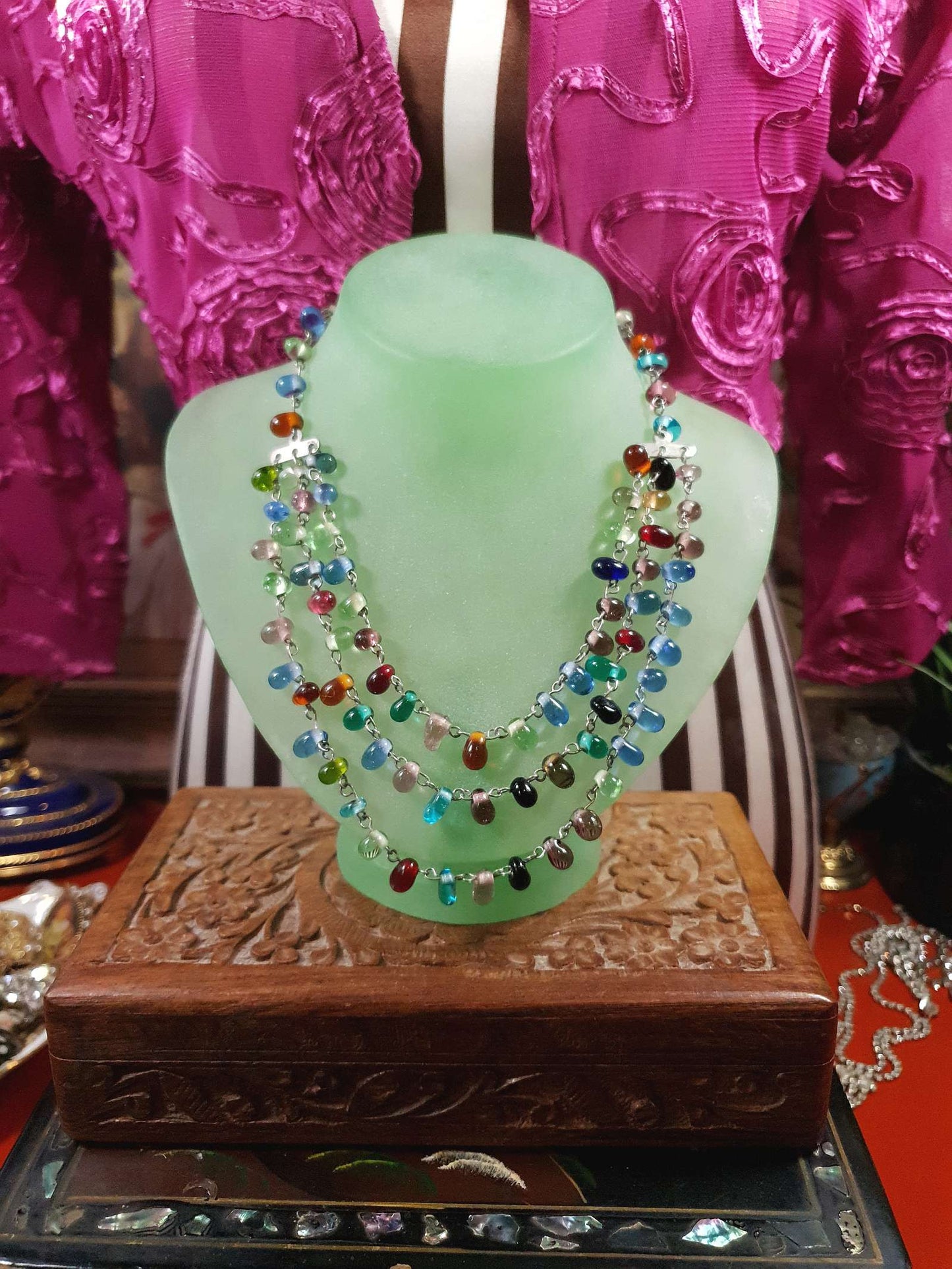 Vintage 90s Art Glass Necklace 15" - 17" Boho Multi-Coloured Three Tiers Artisan