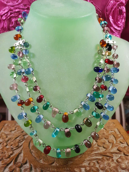 Vintage 90s Art Glass Necklace 15" - 17" Boho Multi-Coloured Three Tiers Artisan