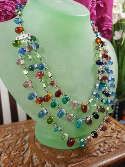 Vintage 90s Art Glass Necklace 15" - 17" Boho Multi-Coloured Three Tiers Artisan