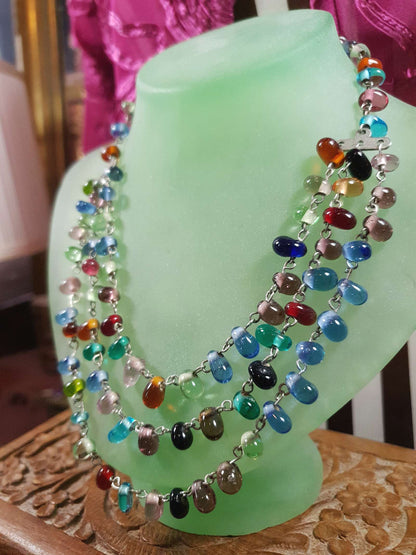 Vintage 90s Art Glass Necklace 15" - 17" Boho Multi-Coloured Three Tiers Artisan
