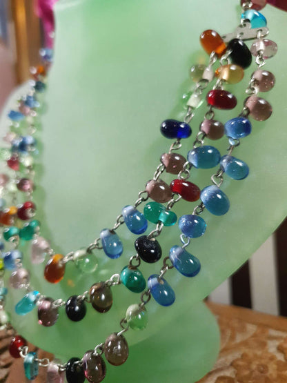 Vintage 90s Art Glass Necklace 15" - 17" Boho Multi-Coloured Three Tiers Artisan