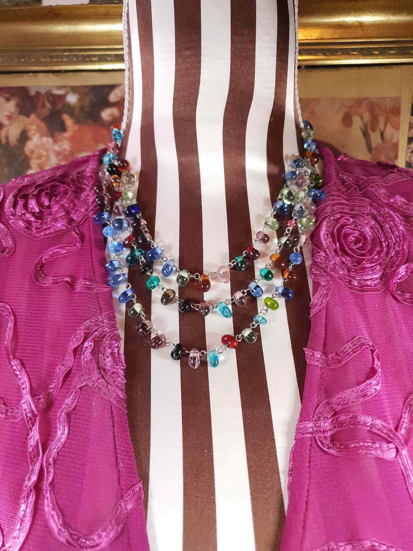 Vintage 90s Art Glass Necklace 15" - 17" Boho Multi-Coloured Three Tiers Artisan
