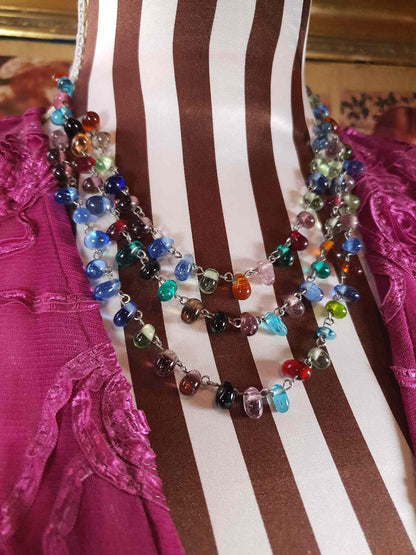Vintage 90s Art Glass Necklace 15" - 17" Boho Multi-Coloured Three Tiers Artisan