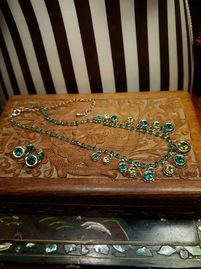Vintage 90s Green Rhinestone Necklace Earrings Set Demi Parure