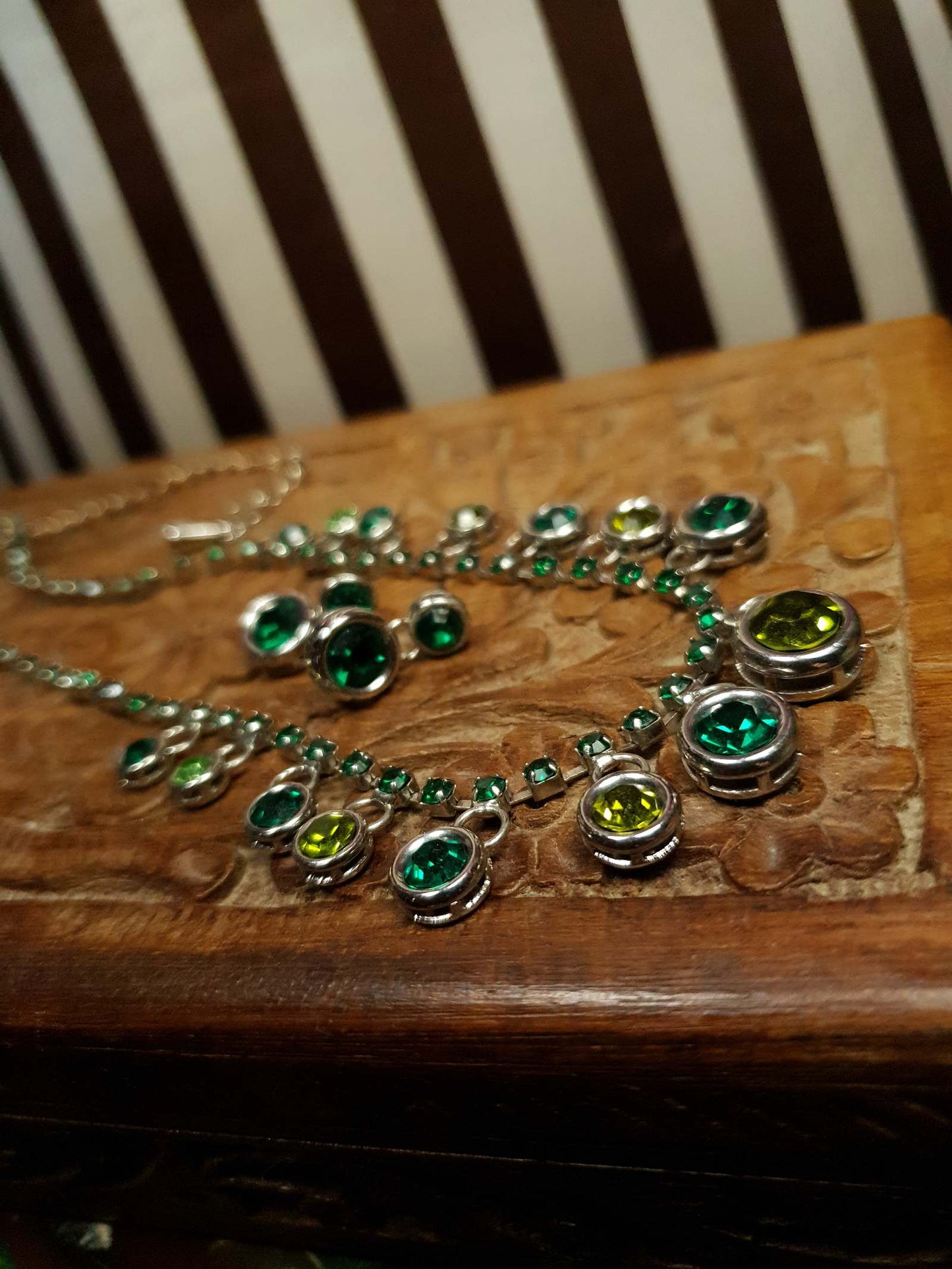 Vintage 90s Green Rhinestone Necklace Earrings Set Demi Parure