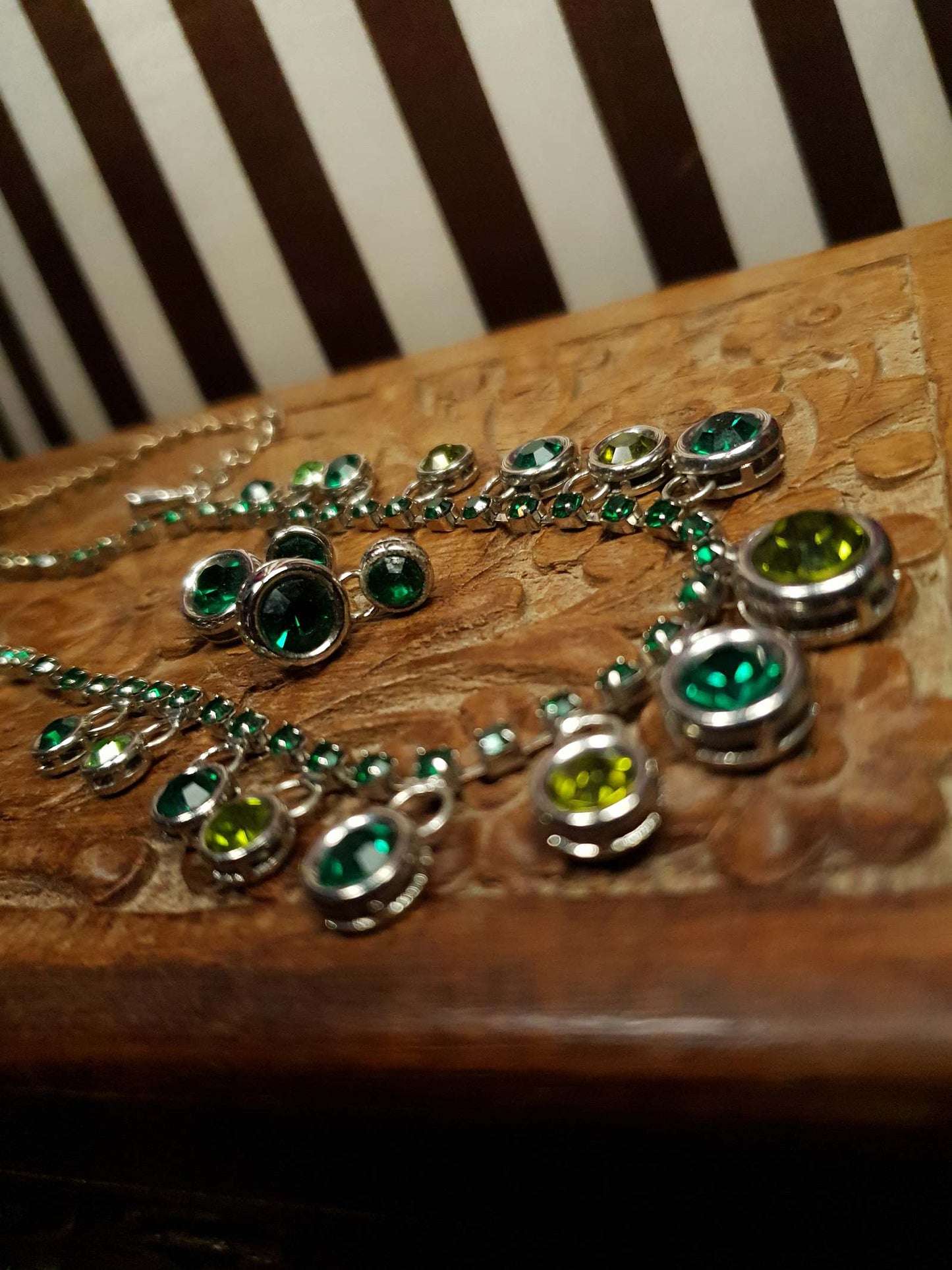 Vintage 90s Green Rhinestone Necklace Earrings Set Demi Parure