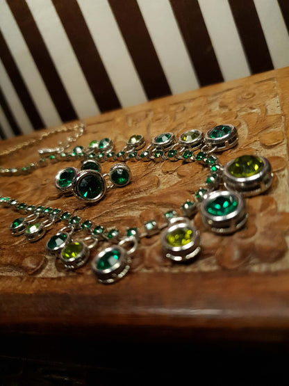Vintage 90s Green Rhinestone Necklace Earrings Set Demi Parure