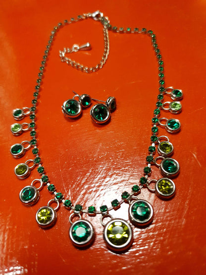 Vintage 90s Green Rhinestone Necklace Earrings Set Demi Parure