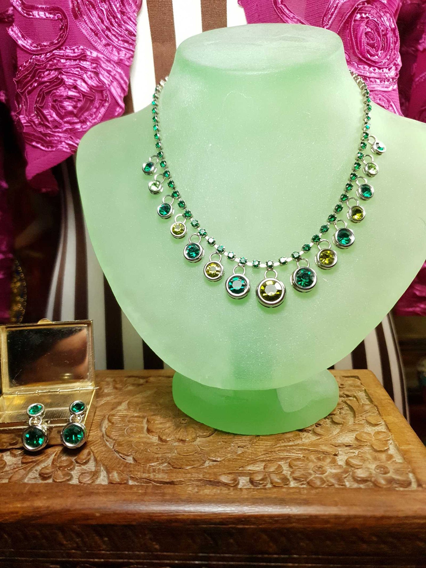 Vintage 90s Green Rhinestone Necklace Earrings Set Demi Parure