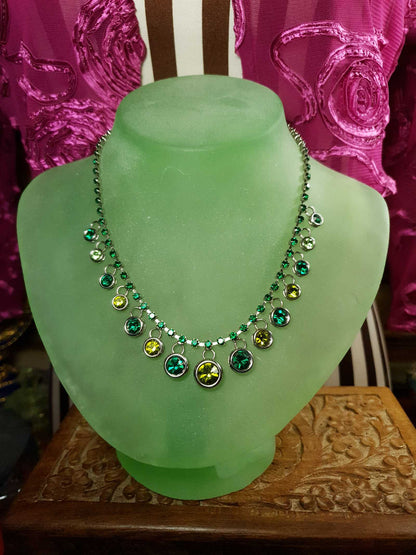 Vintage 90s Green Rhinestone Necklace Earrings Set Demi Parure