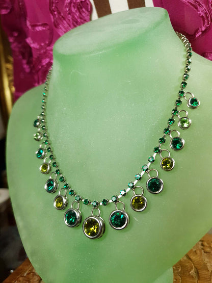 Vintage 90s Green Rhinestone Necklace Earrings Set Demi Parure