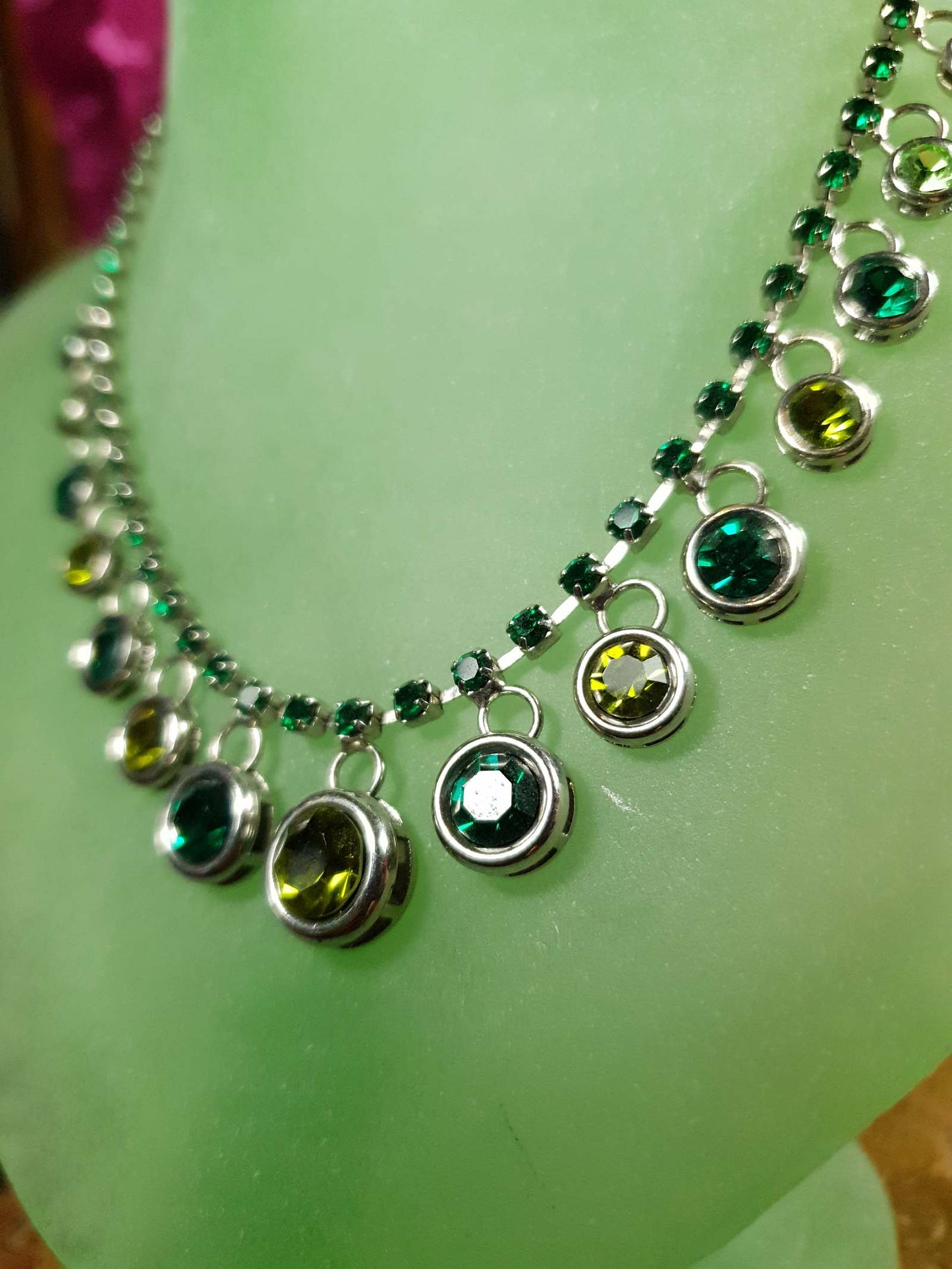 Vintage 90s Green Rhinestone Necklace Earrings Set Demi Parure