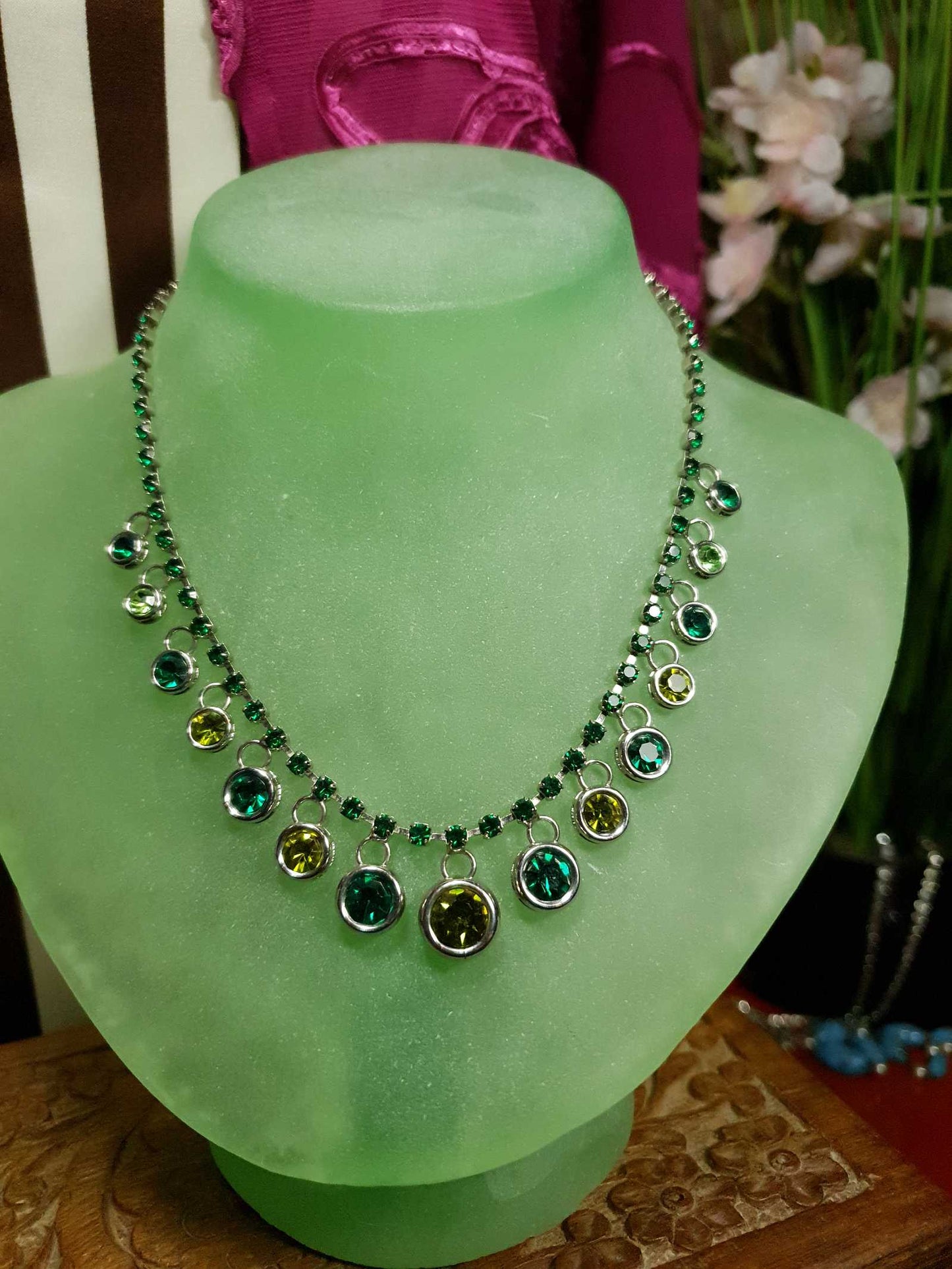 Vintage 90s Green Rhinestone Necklace Earrings Set Demi Parure