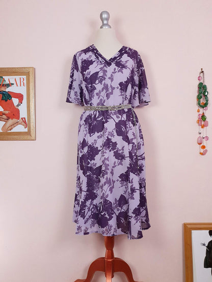 Vintage 90s Purple Floral Dress Boho Midi Lilac Chiffon Purple Flower Size 14