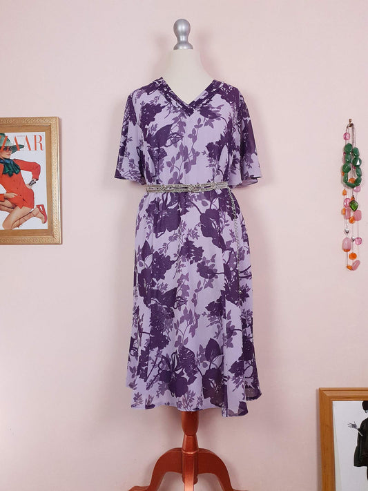 Vintage 90s Purple Floral Dress Boho Midi Lilac Chiffon Purple Flower Size 14