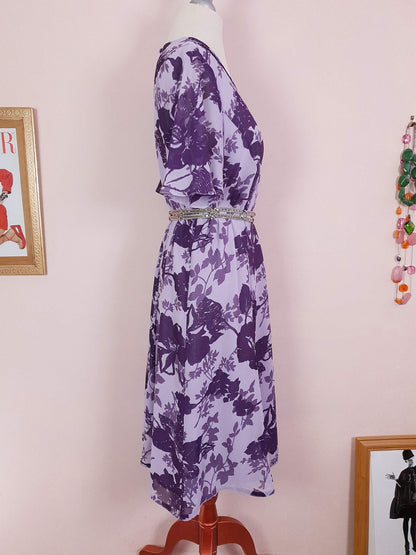 Vintage 90s Purple Floral Dress Boho Midi Lilac Chiffon Purple Flower Size 14