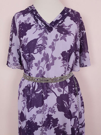 Vintage 90s Purple Floral Dress Boho Midi Lilac Chiffon Purple Flower Size 14