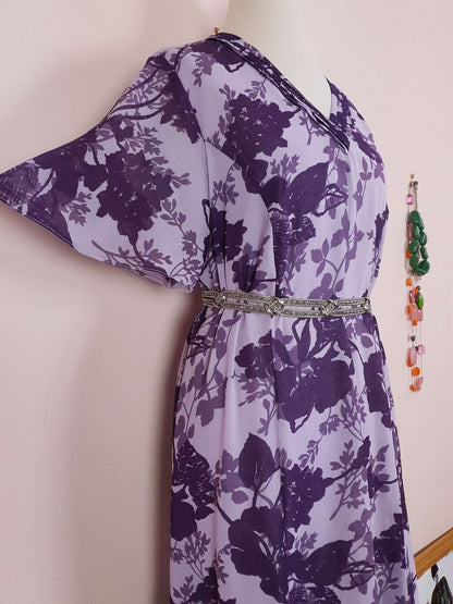 Vintage 90s Purple Floral Dress Boho Midi Lilac Chiffon Purple Flower Size 14