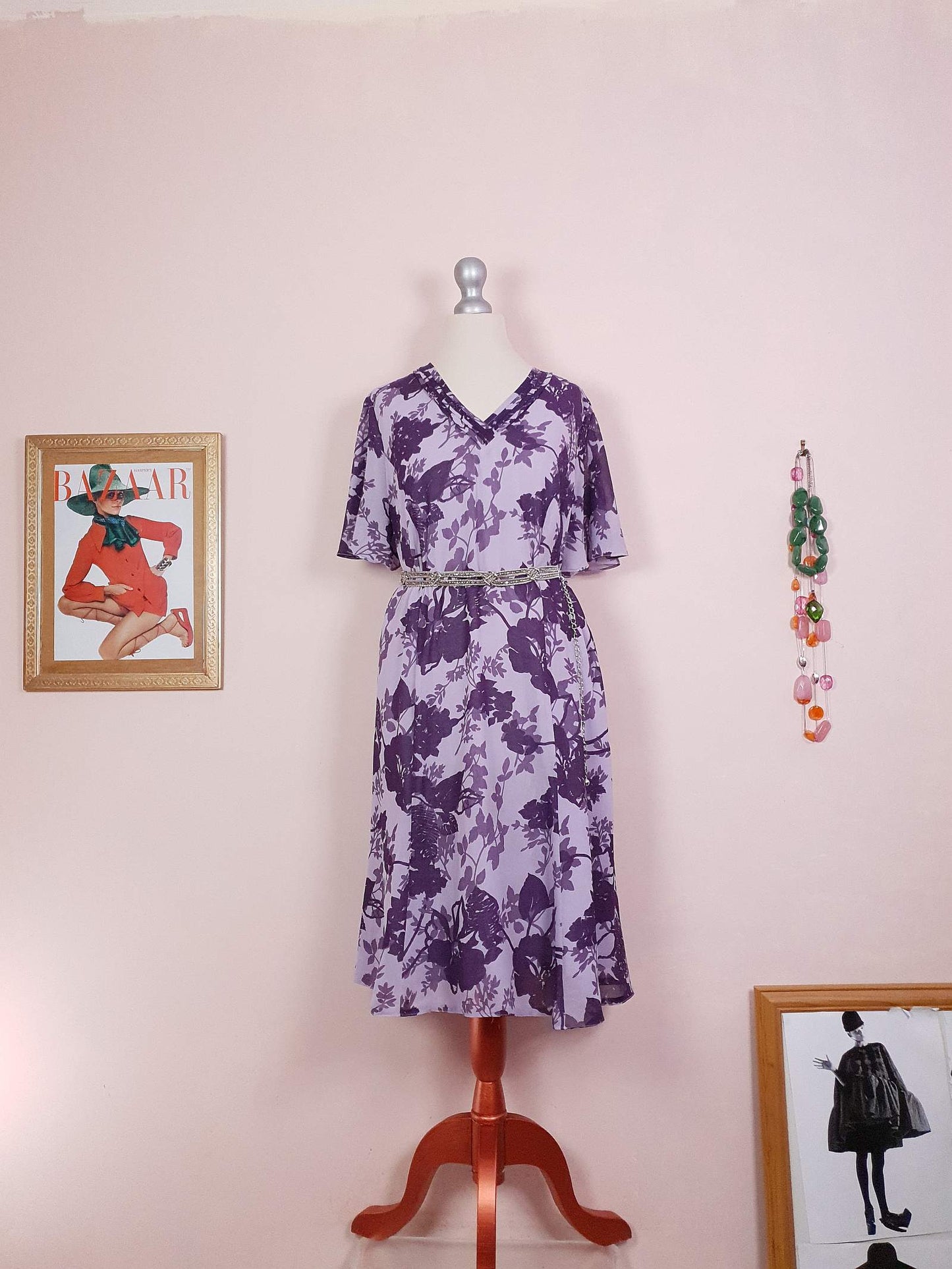 Vintage 90s Purple Floral Dress Boho Midi Lilac Chiffon Purple Flower Size 14
