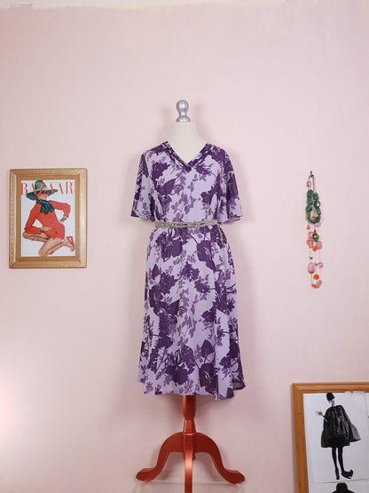 Vintage 90s Purple Floral Dress Boho Midi Lilac Chiffon Purple Flower Size 14