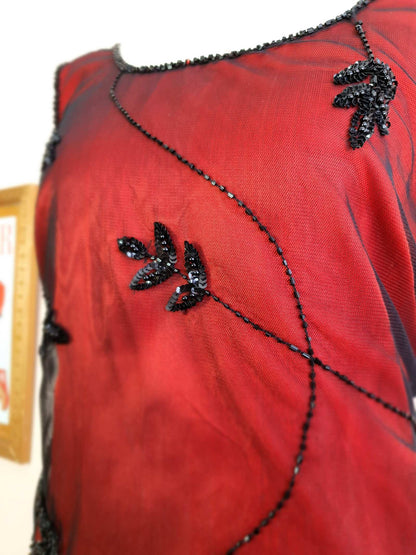 Vintage 90s Red Party Dress Beaded Black Sequins Evening Cocktail Midi - Size 14