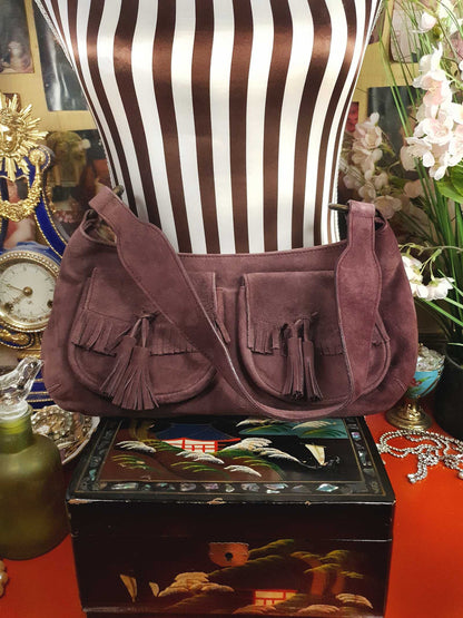 Vintage LK Bennett Boho Suede Leather Handbag Plum Brown Shoulder Bag