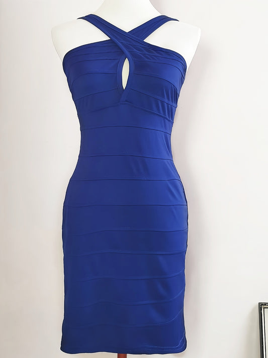 Vintage 90s Blue Bandage Dress Mini Party Bodycon - Size 10