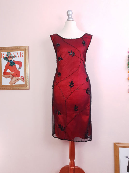 Vintage 90s Red Party Dress Beaded Black Sequins Evening Cocktail Midi - Size 14
