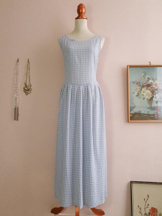 Vintage 1980s Blue Check Day Dress - Size 16