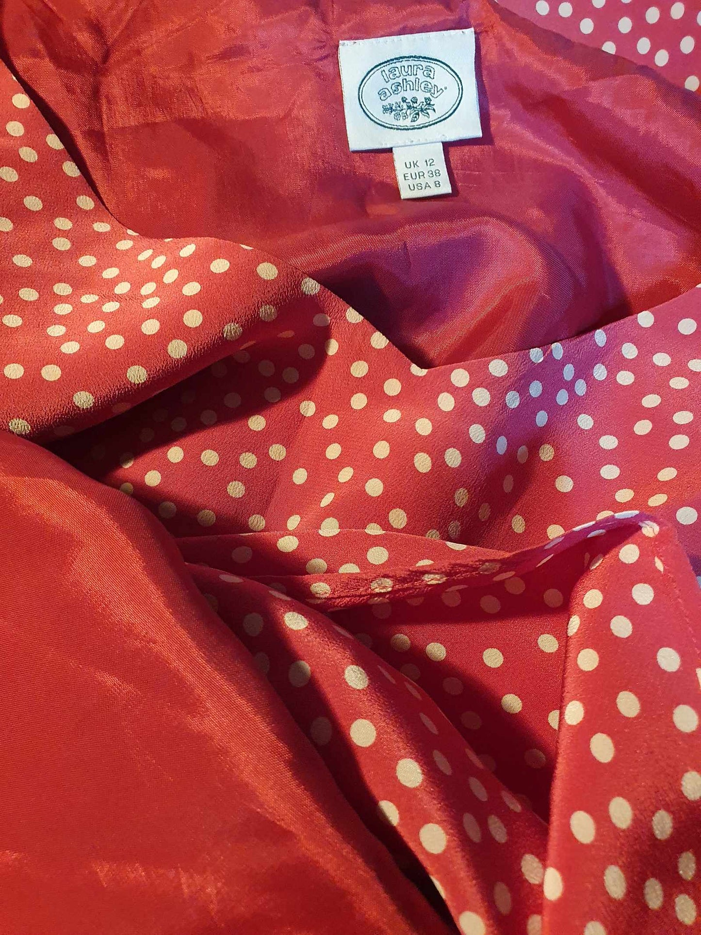 Vintage Laura Ashley Pink Silk Dress Polka Dots Size 12