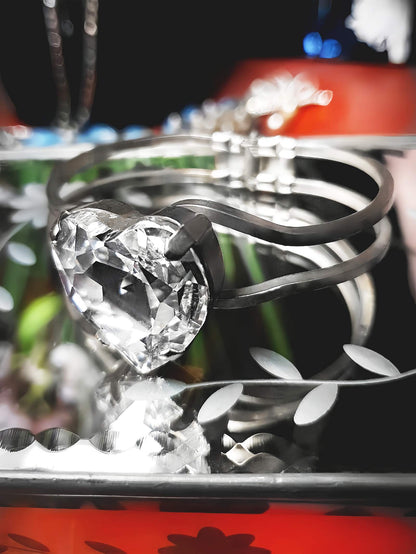 Vintage Rhinestone Heart Bracelet Bangle 1980s Silver Tone