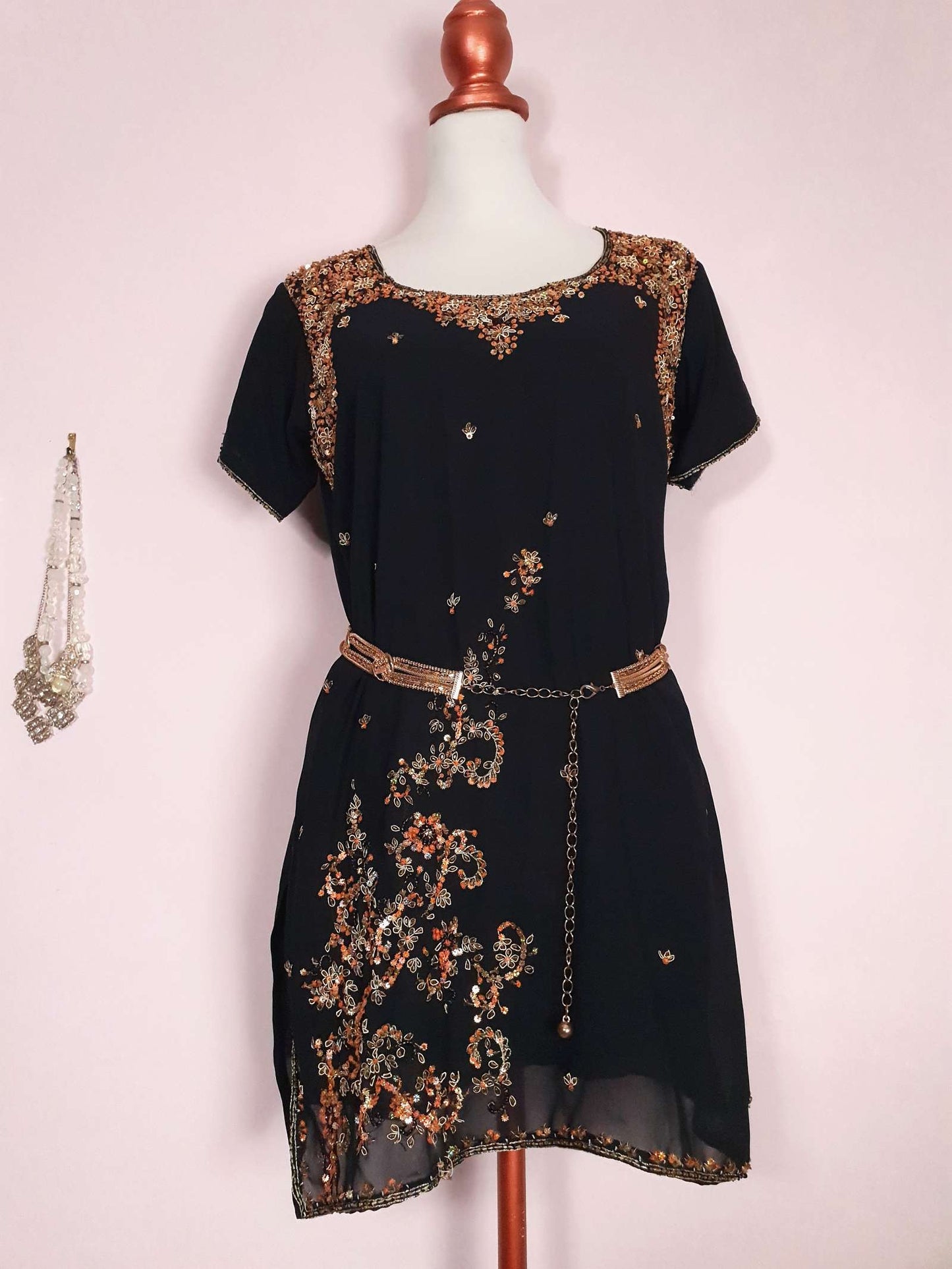 Vintage 1980s Black Chiffon Beaded Kaftan Boho Mini Dress - Size 14