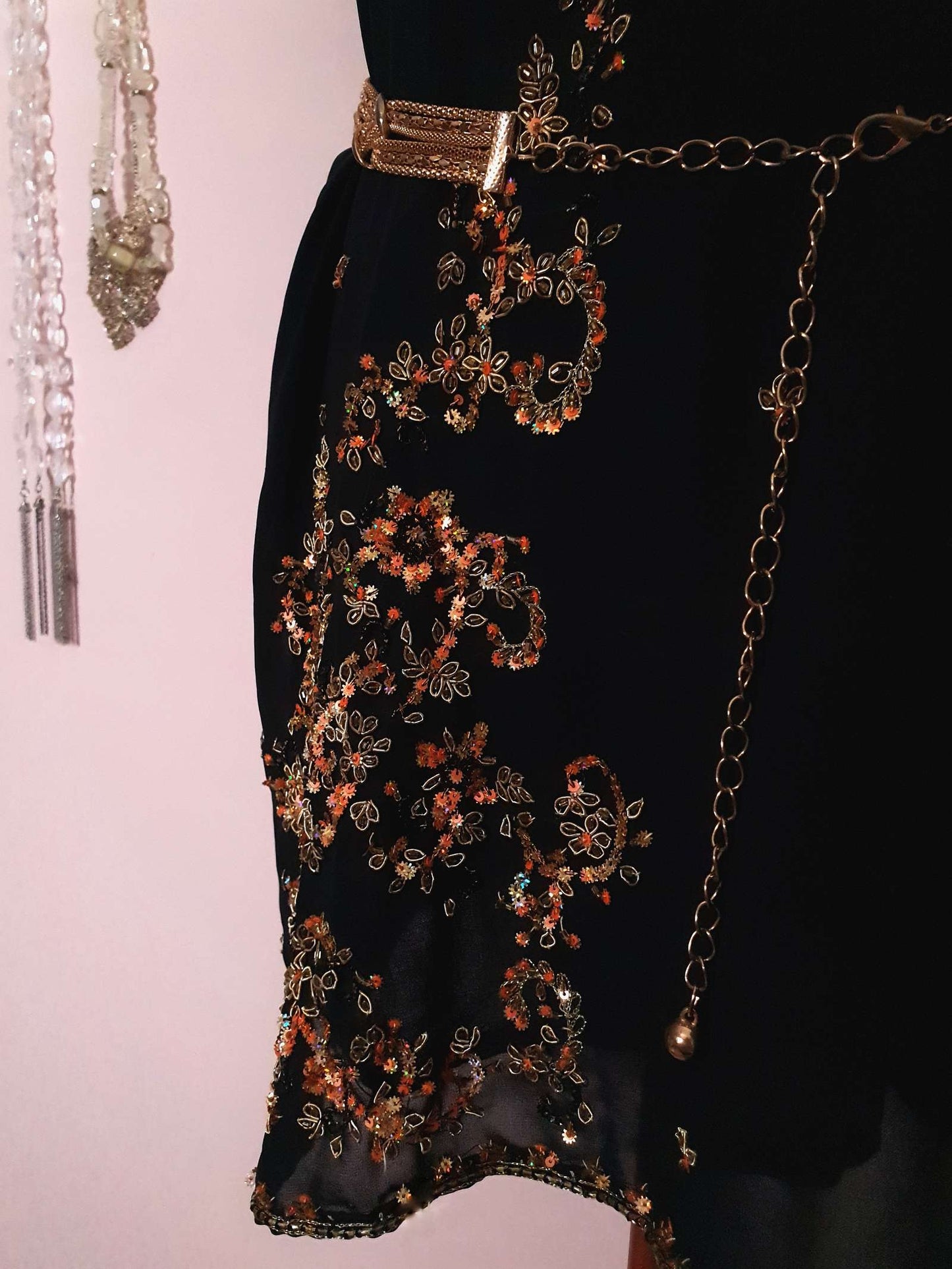 Vintage 1980s Black Chiffon Beaded Kaftan Boho Mini Dress - Size 14