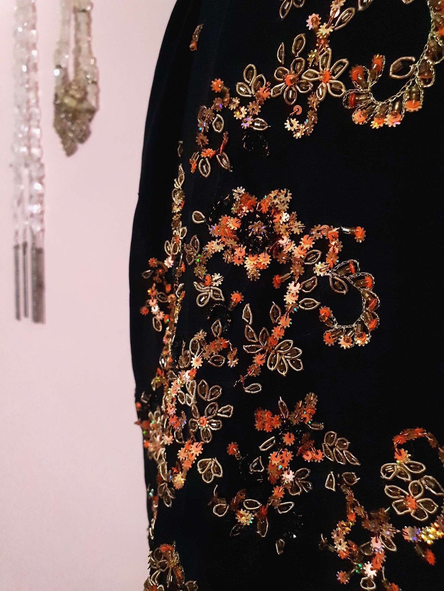 Vintage 1980s Black Chiffon Beaded Kaftan Boho Mini Dress - Size 14