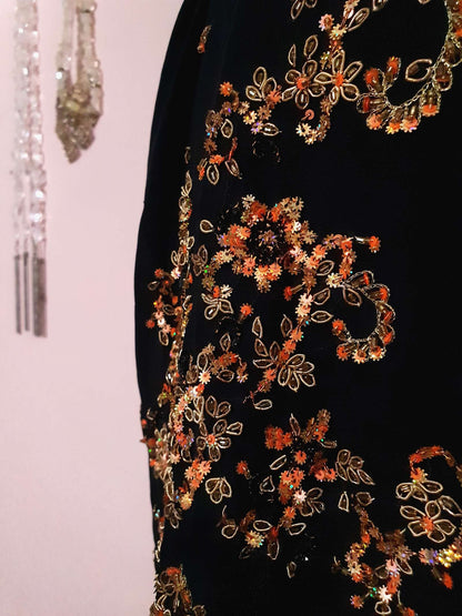 Vintage 1980s Black Chiffon Beaded Kaftan Boho Mini Dress - Size 14